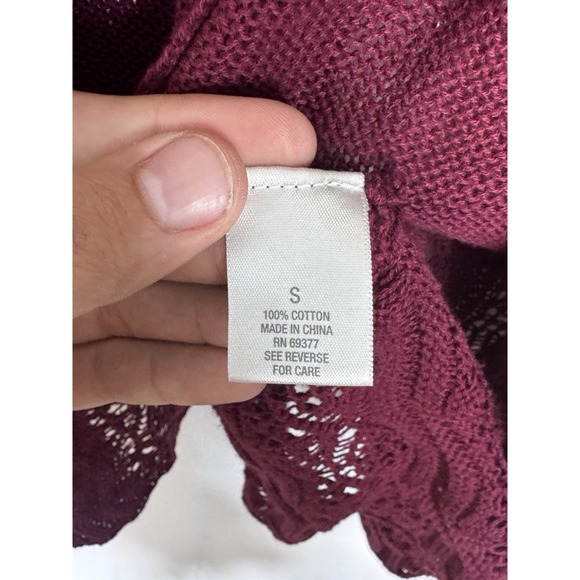 Dressbarn Women's S Burgundy Crochet Knit Open Front Cardigan 100% Cotton Boho - Picture 4 of 7